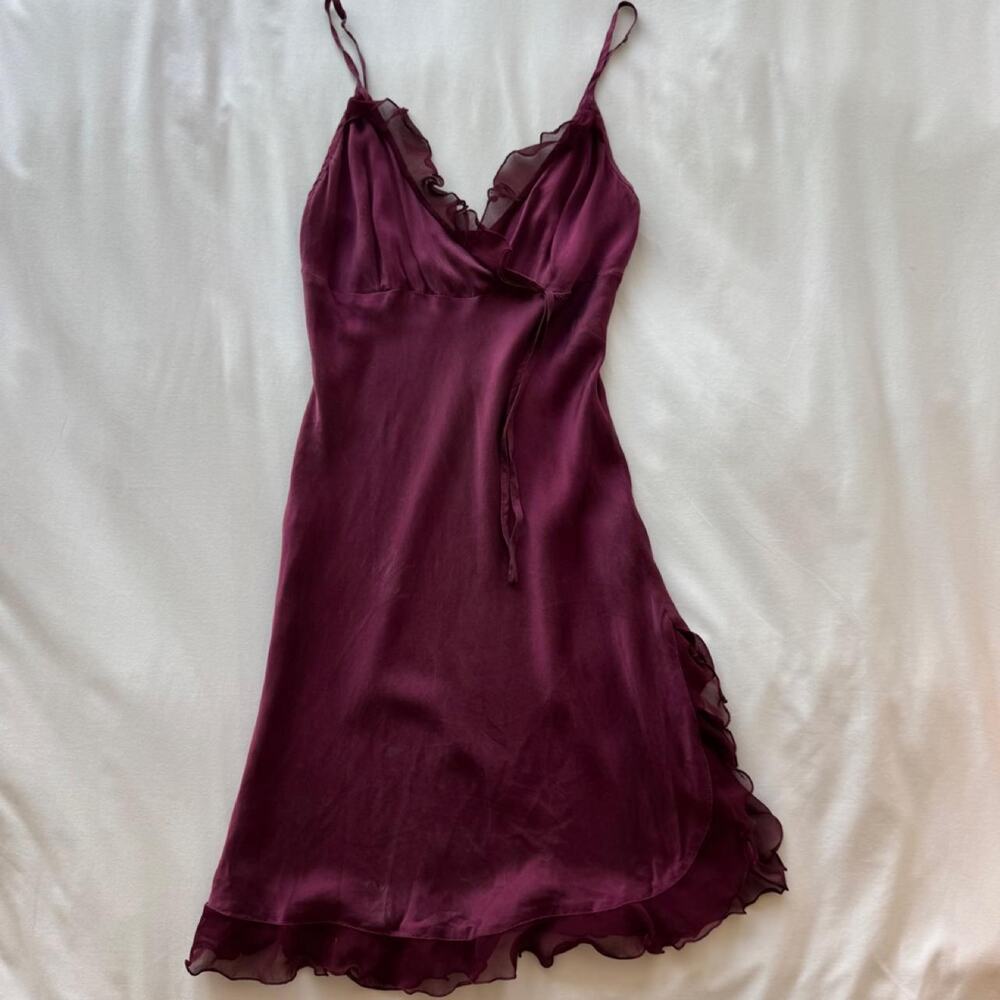 Burgundy babydoll slip dress with ruffles and tie waist
